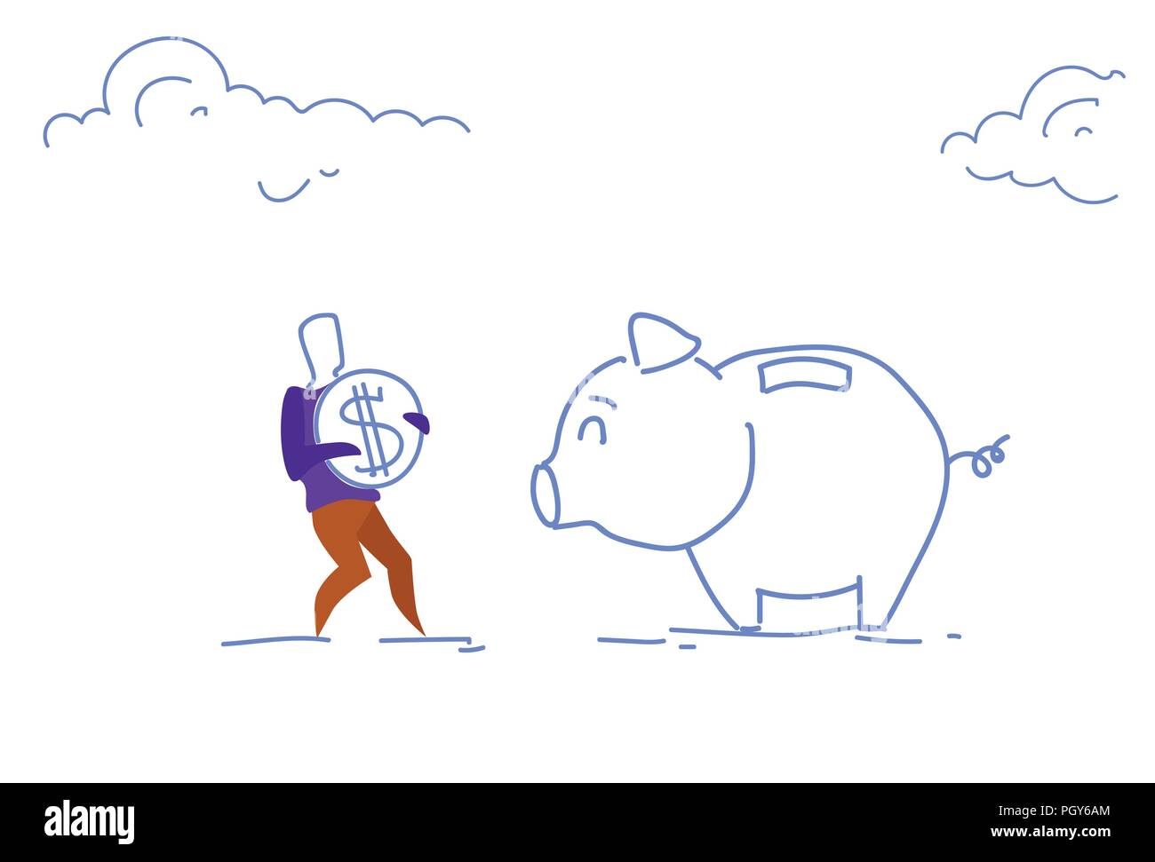 Businessman Investing Dollar Coin Piggy Bank Money Savings Growth - businessman investing dollar coin piggy bank money savings growth wealth concept horizontal sketch doodle